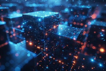 Futuristic visualization of blue glowing cubes in a digital, cybernetic space surrounded by particles and connections
