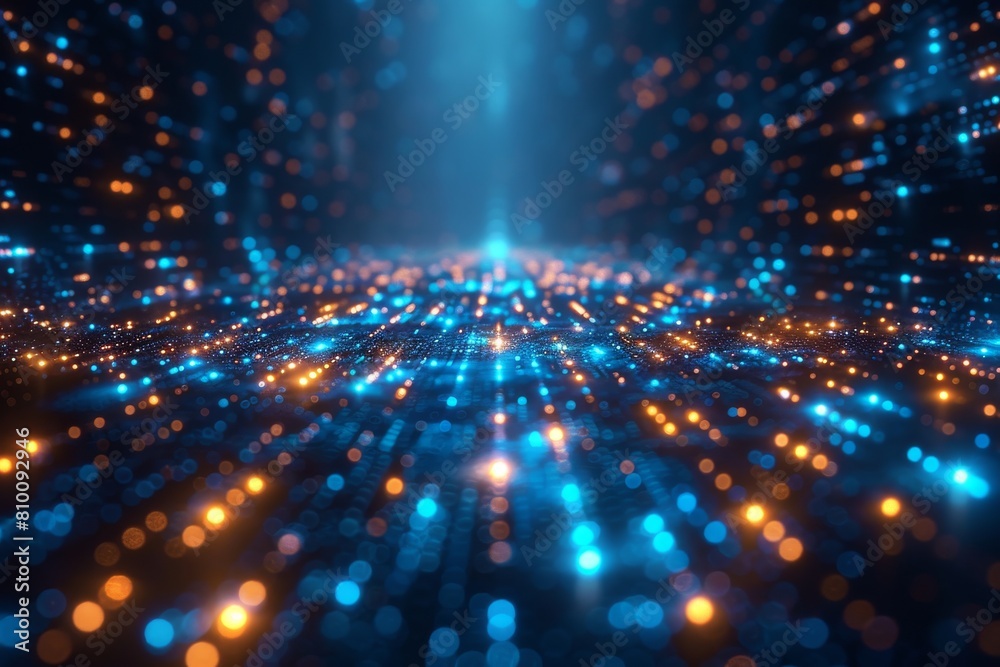 Poster an abstract image of streaming blue particles with a central light beam, associated with data flow o