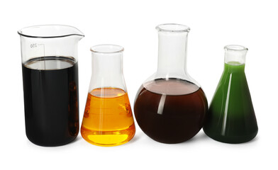 Beaker and flasks with different types of oil isolated on white