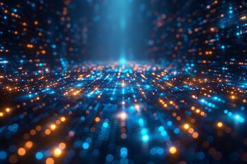 An abstract image of streaming blue particles with a central light beam, associated with data flow or a particle accelerator