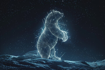 A bear is standing on a frozen lake in the night sky