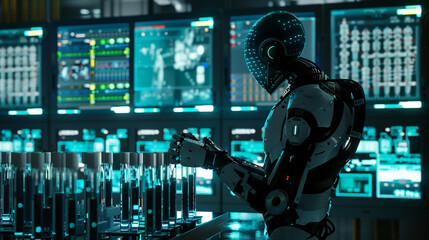 A cybernetic robot scientist conducting advanced research in a high-tech laboratory