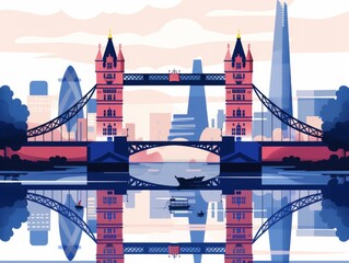 Vector illustration of a stylized London skyline with iconic Tower Bridge, the Shard, and a boat on the Thames.