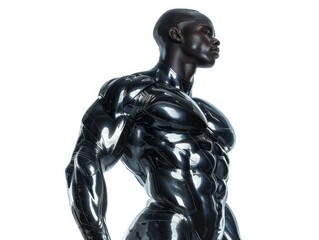 Digital illustration of a muscular, shiny-black humanoid figure in profile on a plain background.