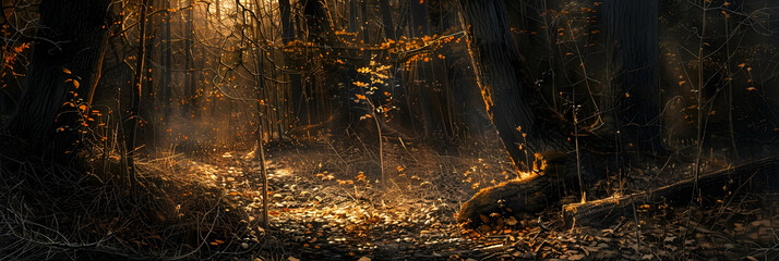 Late afternoon light casting golden hues across a temperate forest, illuminating the textures of...
