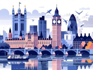 Vector illustration of iconic London skyline with the Big Ben, River Thames, and London Eye in a whimsical style.