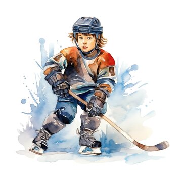 recommend clip art: Children hockey. Hockey sport clipart. Watercolor illustration. Generative AI. Detailed illustration.