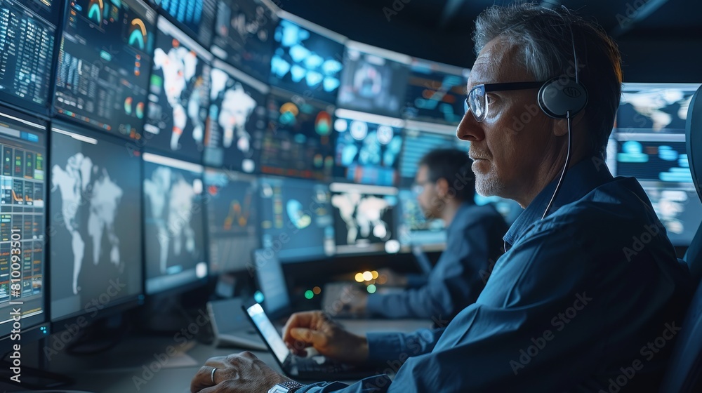 Aufkleber Team of professionals in a sophisticated monitoring control room, intensely focusing on multiple screens displaying various data. The room is equipped with advanced technological tool. Generative AI.