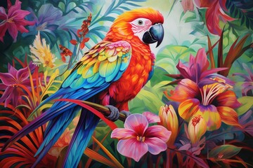 Obraz premium Colorful illustration of a macaw among exotic flowers, showcasing nature's vivid palette