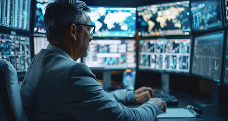 Team of professionals in a sophisticated monitoring control room, intensely focusing on multiple screens displaying various data. The room is equipped with advanced technological tool. Generative AI.