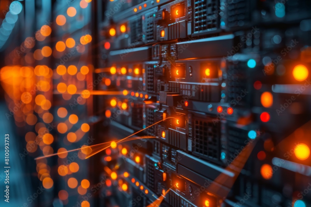 Poster close-up of a data server's blinking lights and cables presenting a depiction of data processing or 