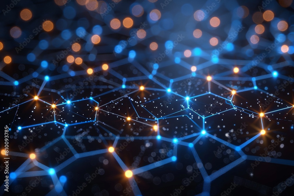 Poster an array of interconnected nodes and pathways on a dark background symbolizing network or internet c