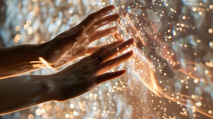 Hands explore a textured art installation, each element reacting to touch with subtle lights and sounds.