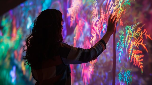 A curious individual reaches out to touch a glowing sculpture in an immersive art exhibit, their face illuminated with the wonder of discovery and interaction.