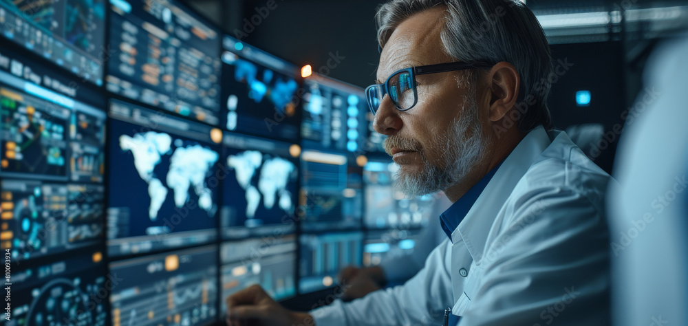 Poster Team of professionals in a sophisticated monitoring control room, intensely focusing on multiple screens displaying various data. The room is equipped with advanced technological tool. Generative AI.