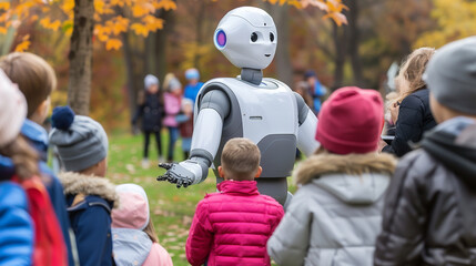 A gentle cybernetic robot leading a group of children in a fun educational activity outdoors, helping them learn about nature and science , hyper realistic, low texture, low noise