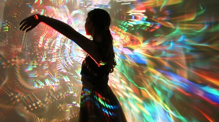 A figure immersed in a projection mapping exhibit, vibrant colors and patterns dancing around them.