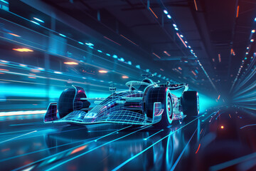 Fototapeta premium A futuristic race car is speeding through a tunnel