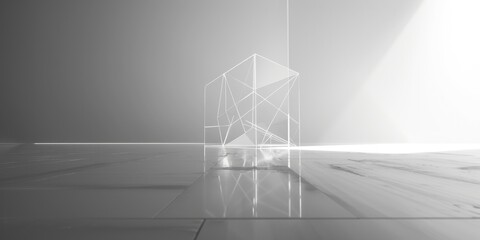 A minimalist design featuring a wireframe tesseract floating above a smooth, reflective surface, under a soft, ambient light