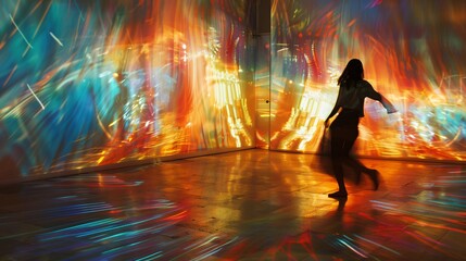 A figure immersed in a projection mapping exhibit, vibrant colors and patterns dancing around them.