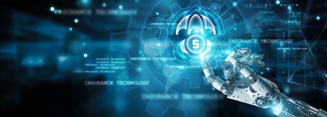Emerging swiftly, hands-on robot touch innovation and insurance icon, digitizing data on network, automating, analyzing, predicting, and enhancing risk management and customer experience.