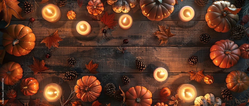 Poster Rustic wooden table adorned with carved pumpkins illuminated by flickering candles, surrounded by autumn leaves, pinecones, and gourds, creating a cozy and inviting atmosphere for a Halloween gatherin