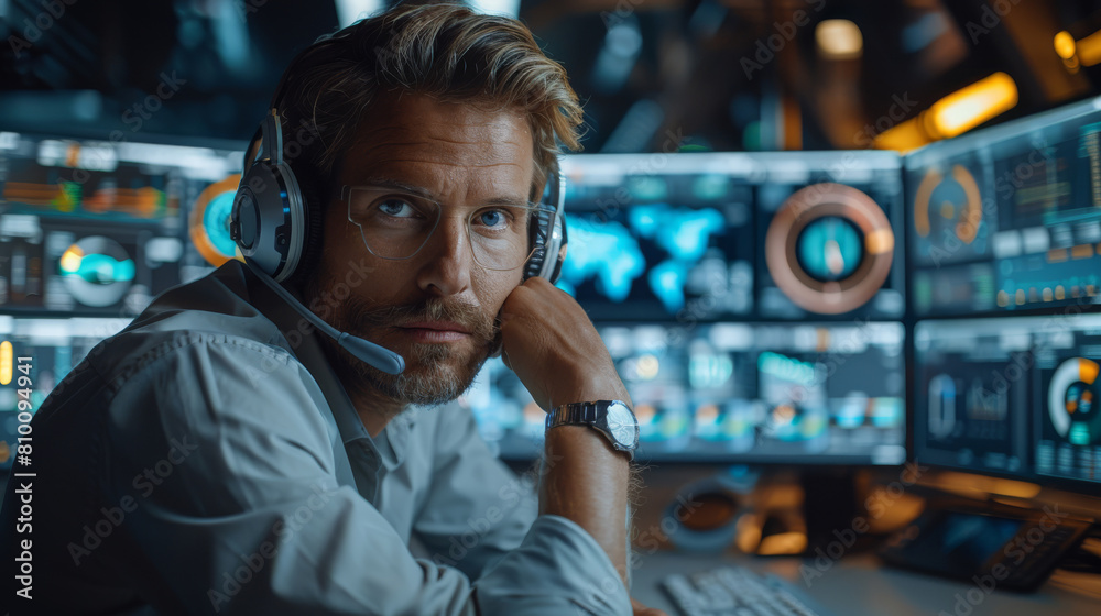 Poster A professional cybersecurity analyst sitting at a desk in front of a computer. The monitors display data visualizations related to digital asset inventories, risk assessments. Generative AI.