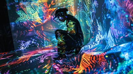 A figure immersed in a projection mapping exhibit, vibrant colors and patterns dancing around them.