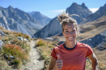 A woman is running in the mountains and is smiling