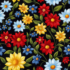 Seamless floral pattern with colorful flowers on black background