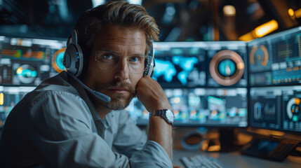 A professional cybersecurity analyst sitting at a desk in front of a computer. The monitors display data visualizations related to digital asset inventories, risk assessments. Generative AI.