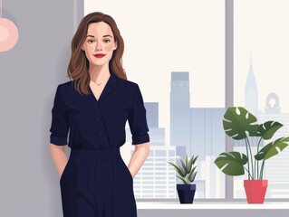 An illustrated female entrepreneur standing confidently in her office with cityscape view through the window.