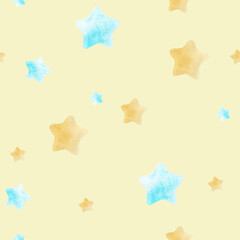 Seamless simple watercolor pattern with lovely blue and yellow stars. Handmade watercolor illustration on beige background. For wrapping paper