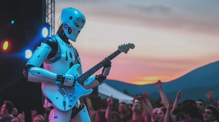 A rockstar cybernetic robot strumming a guitar on stage at a music festival