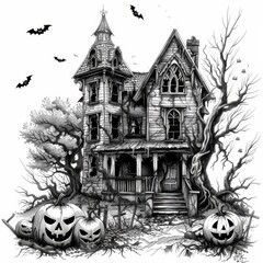 Ominous and Eerie Haunted Mansion on a Spooky Autumn Night with Bats Pumpkins and Gloomy Atmosphere