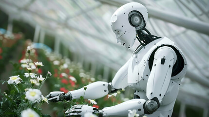 An adept cybernetic robot planting and tending to an array of exotic flowers in a large botanical conservatory, enhancing biodiversity , hyper realistic, low texture, low noise
