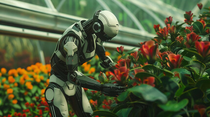 An adept cybernetic robot planting and tending to an array of exotic flowers in a large botanical conservatory, enhancing biodiversity , hyper realistic, low texture, low noise