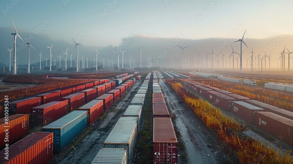 Poster many containers with the wind turbine behind them, in the style of electric dreamscape, rectangular 