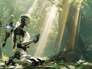 An angelic cybernetic robot kneeling in prayer in a tranquil, ancient forest, surrounded by beams of sunlight piercing through the foliage , hyper realistic, low texture, low noise