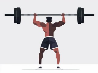 Illustration of a male bodybuilder lifting a heavy barbell overhead in a strength training exercise.