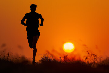 A man is running in the grass with the sun in the background