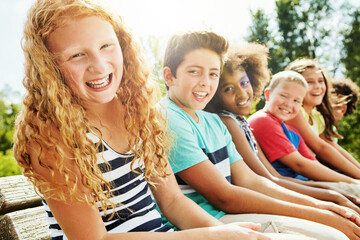 Friends, smile and portrait of children in nature for outdoor school trip, weekend and adventure. Happy, student and kids with diversity in park for friendship, bonding and vacation in Washington dc