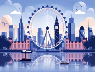Stylized vector illustration of a London cityscape, featuring iconic landmarks like the London Eye and Big Ben, with a reflection in water.