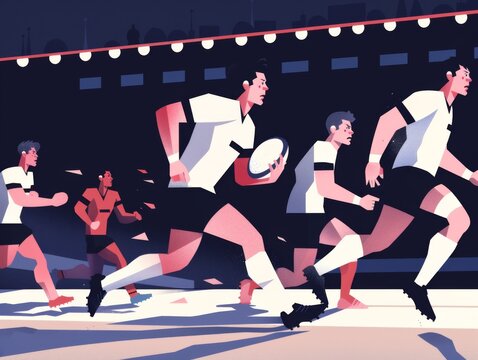 Illustration of a professional rugby player running with a ball during a match, with opponents in pursuit.