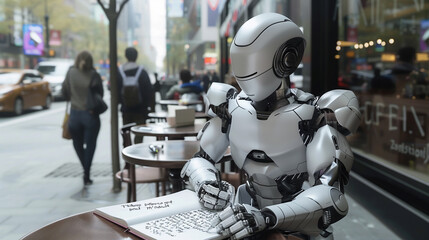 A bohemian cybernetic robot sitting at a cafe table, scribbling passionate poems in a notebook, amidst a busy urban setting , hyper realistic, low texture, low noise