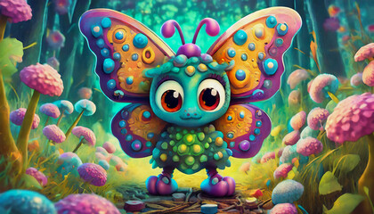 oil painting style cartoon character colorful beautiful butterfly on flower meadow,