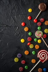 Caramel candies and lollipops. Colored candies. On a black background. View from above. place for text. 