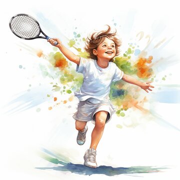 recommend clip art: Children tennis. Tennis sport clipart. Watercolor illustration. Generative AI. Detailed illustration.