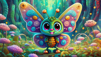 oil painting style cartoon character colorful beautiful butterfly on flower meadow,