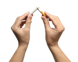 Stop smoking. Man holding broken cigarette on white background, closeup